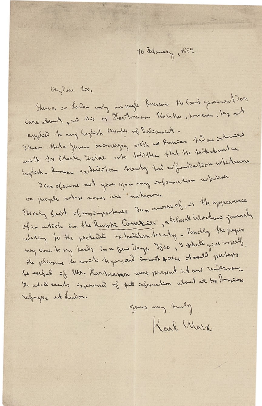 MARX, Karl (1818-1883). Autograph letter signed ('Karl Marx') to Collet Dobson Collet, n.p., 10 February '1889' [sic, in error for 1881], in English, one page, 8vo (180 x 112mm), bifolium (soiling to upper margin).
