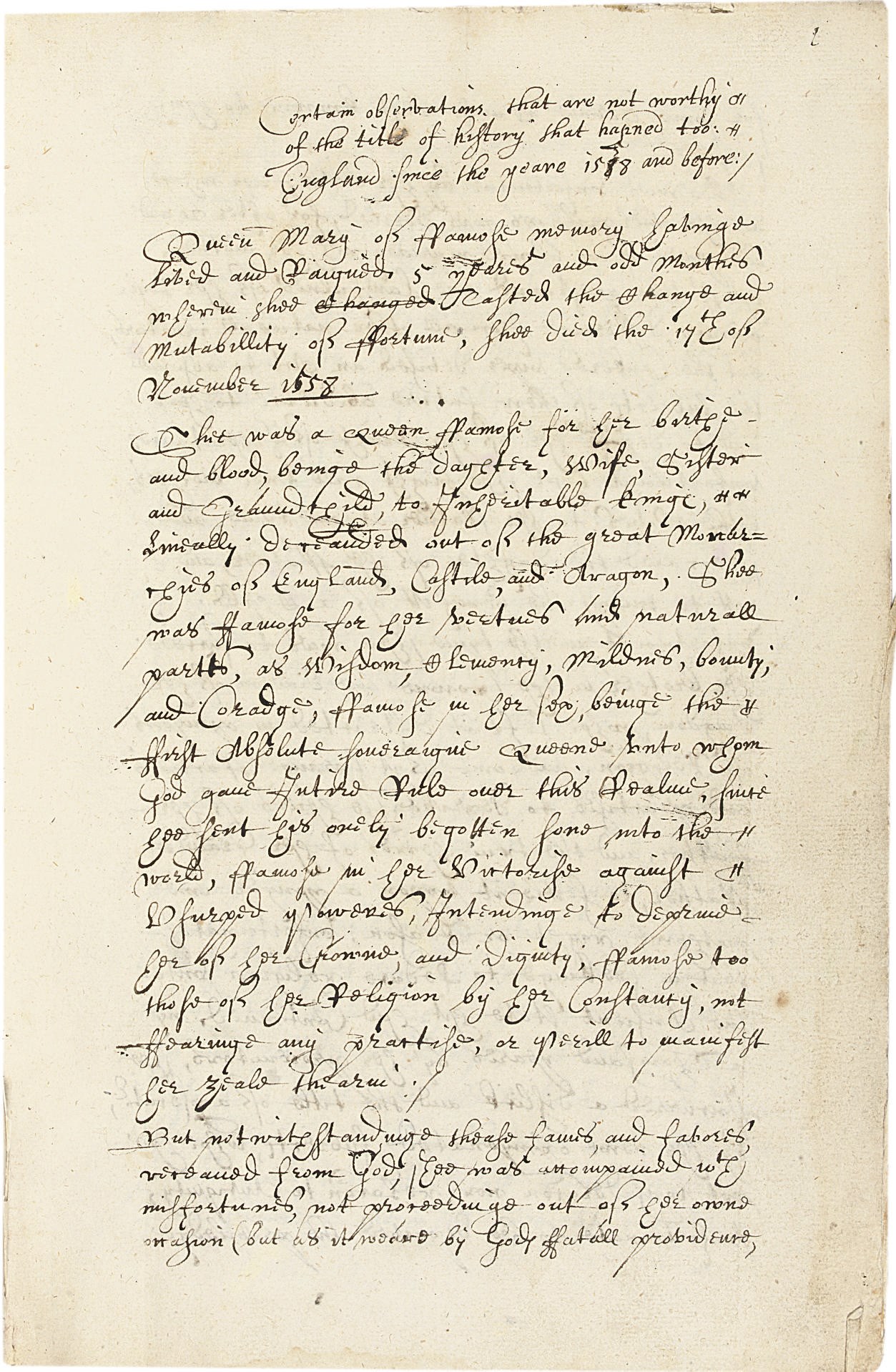 SIR WILLIAM MONSON (1568?-1643). Manuscript on paper, 'Certain observations that are not worthy of the title of history that hapned too [sic] England since the yeare 1558 and before', [England, c.1640?], 156 numbered pages, small folio (283 x 187mm), written in a neat 17th-century secretary hand in brown ink, watermarks (pillars and initials 'IM', similar to Heawood 3486) (a few modern marginal annotations in pencil). 17th-century brown calf, the covers stamped in gilt with the initials 'W M' on either side of four foliate tools, and with the number 'V' at upper edge, with blind-tooled ruled border (some wear, repaired loss to upper cover). Provenance: Sir Robert Throckmorton (1702-1791), 4th Baronet of Coughton, Warwickshire (armorial bookplate pasted inside upper cover, c.1725) -- The property of a religious institution.
