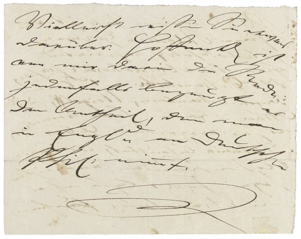 SCHOPENHAUER, Arthur (1788-1860). Autograph postscript signed ('S') [from a letter to David Asher, Frankfurt-am-Main, 22 October 1857], two pages, 100 x 125mm. Provenance: Stargardt sale, 19 September 1992, lot 328; the Albin Schram Collection.