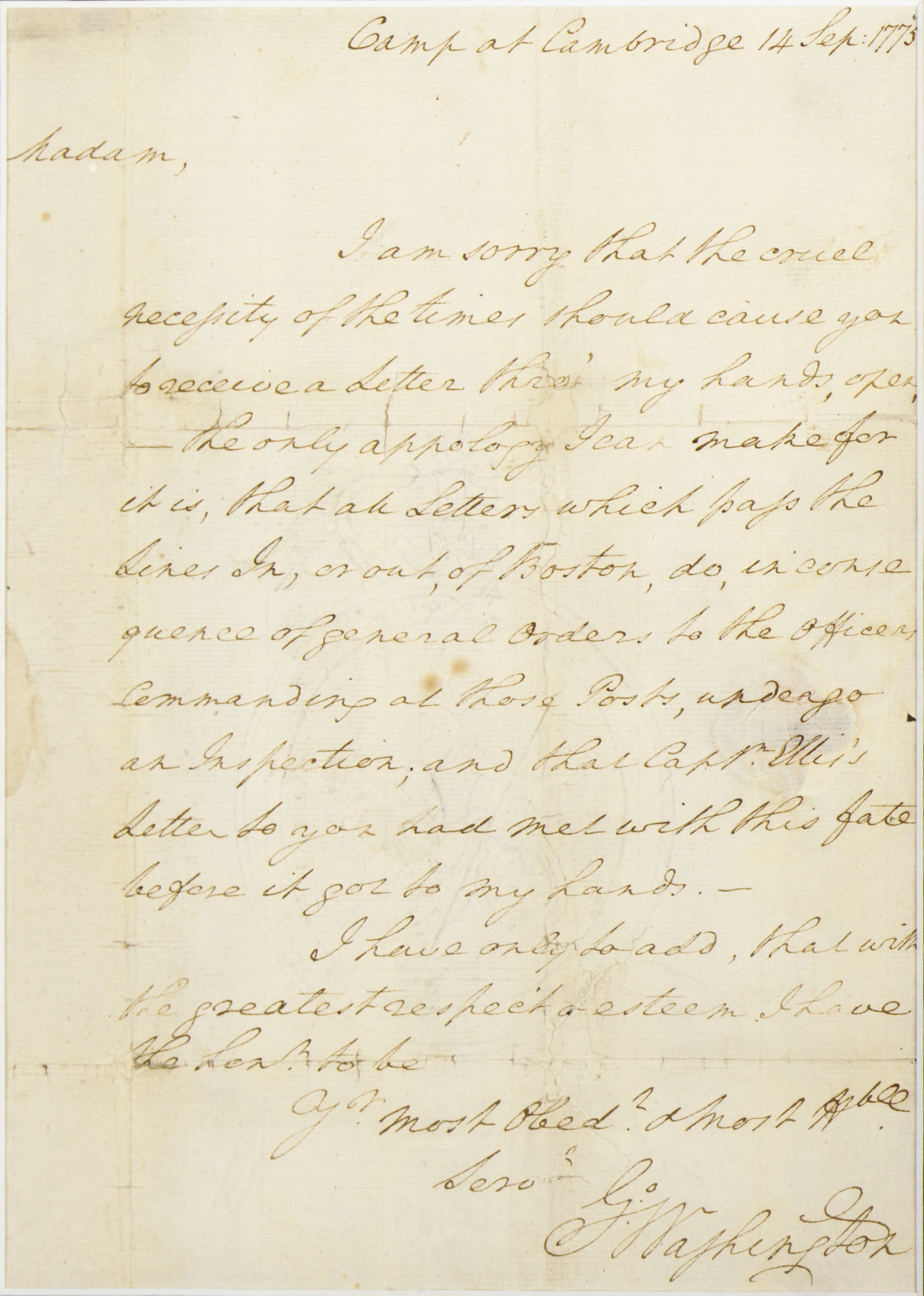 WASHINGTON, George (1732-1799), President. Autograph letter signed ("G:o Washington") as Commander-in-Chief, Continental Army, to Miss Anna Clifton in Philadelphia, Camp at Cambridge [Mass.], 14 September 1775. 1 full page, folio, integral address leaf neatly inlaid to a larger sheet, addressed in Washington's hand,WITH A FINE, INTACT IMPRESSION OF WASHINGTON'S RED WAX PERSONAL SEAL ON ADDRESS PANEL a few repairs to extreme margins and to holes at fold intersections.