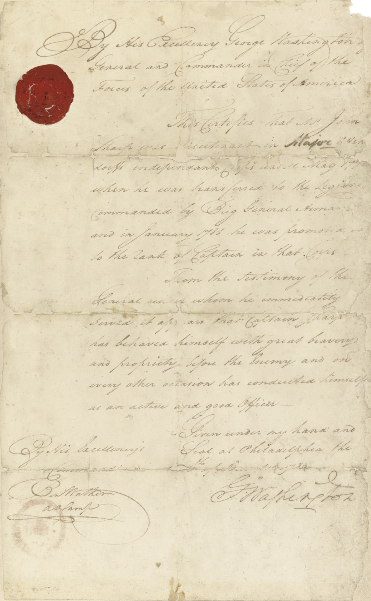 WASHINGTON, George. Document signed ("G:o Washington"), Philadelphia, December 1783. 1 page, folio, neatly backed, small losses along horizontal folds affecting a few words. WITH A NEARLY INTACT PERSONAL SEAL OF WASHINGTON in red wax (Washington's familiar crest of stars and bars), at top.