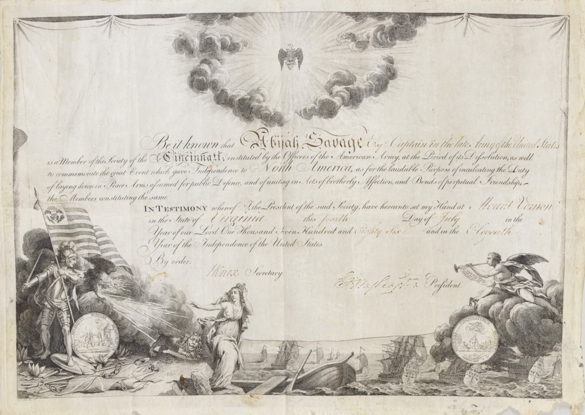 WASHINGTON, George. Engraved document signed ("G:o Washington"), countersigned by Henry Knox (1750-1806), Mount Vernon, 4 July 1786. 1 page, oblong folio, (15½ x 21 in.), neatly accomplished in manuscript PRINTED ON FINE PARCHMENT. Accomplishment and signatures a bit pale as usual, minor chipping to lower right corner, but a good copy of a document usually found in quite mediocre condition. Matted and in a fine gilt-decorated frame.