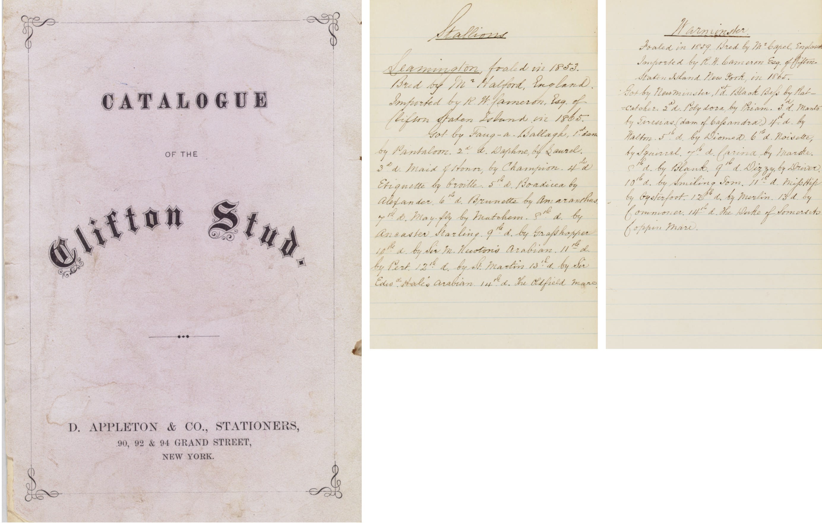CAMERON, Sir Roderick William (1823-1900). AN IMPORTANT GROUP OF HORSE-RACING BOOKS FROM THE LIBRARY OF SIR RODERICK WILLIAM CAMERON, founding member of the American Jockey Club at Jerome Park in 1866 and owner of the influential Clifton Berley Stud on Staten Island. A central figure in the revival of the sport of horse-racing in New York after the Civil War, in 1865 Cameron imported probably the single most influential group of horses to America from England in the modern history of the turf, amongst them the first and foremost of stallions Leamington (1853-1878). With a distinguished career winning races at Epsom, Goodwood and Ascot before his arrival in America, Leamington subsequently sired many famous winners including the colt Aristides, the first winner of the Kentucky Derby, and Iroquois, the first American bred horse to win the Epsom Derby.