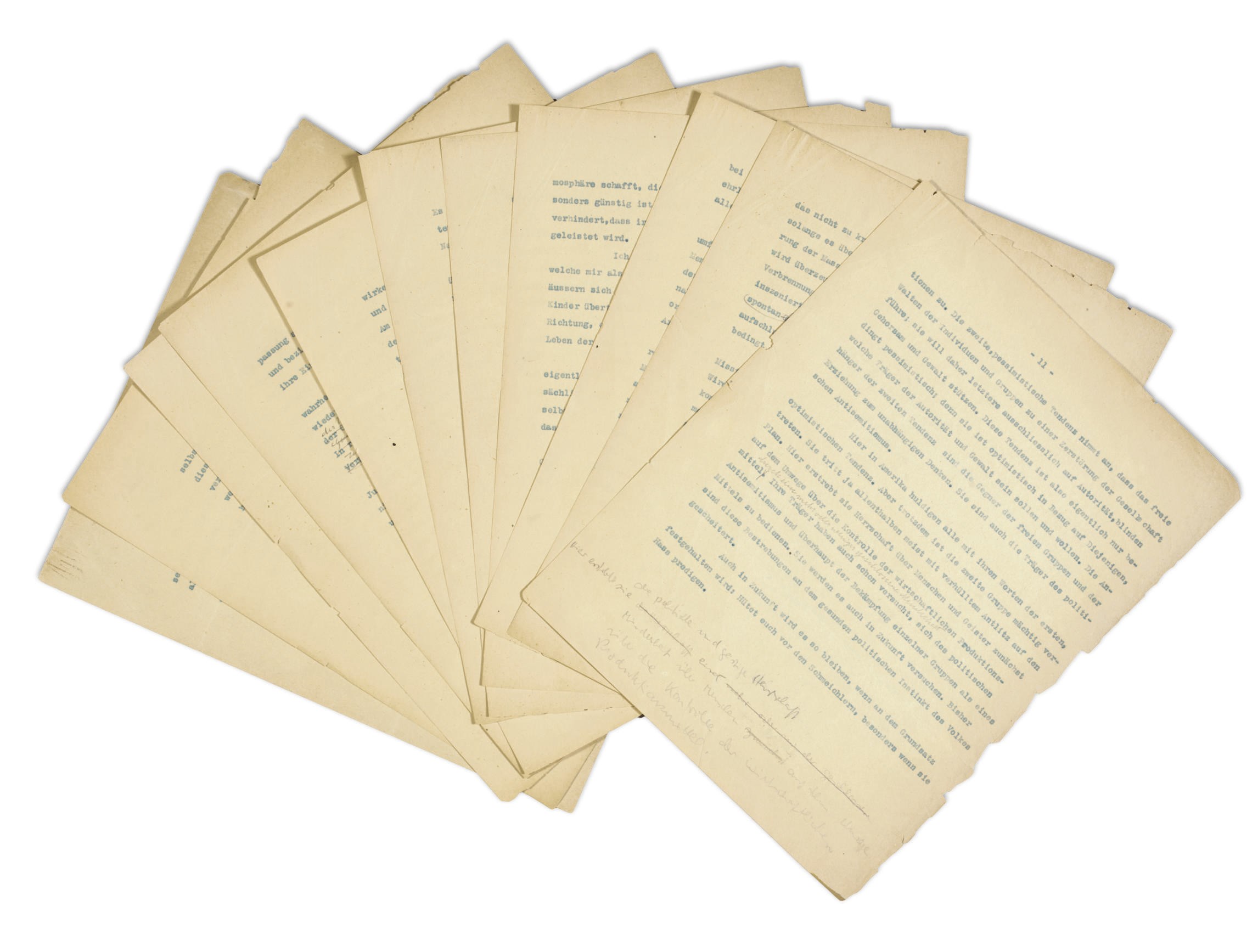 EINSTEIN, Albert. Typed manuscript, "Antisemitismus," unsigned, SOME 40 WORDS IN EINSTEIN'S HAND interlined into the text on pages 4 and 11, n.d. [1938]. 11 pages, 4to, age-toned, right edge of final page slightly chipped, emendations in pencil. In German, with accompanying English translation. Additional emendations, in two different hands, appear on pages 3, 9, 10, and the bottom of page 11.