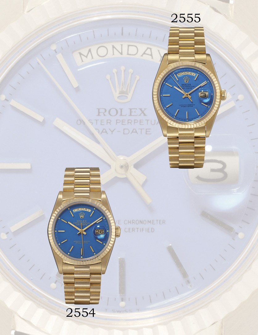 ROLEX, "DAY-DATE" REF. 18238

18K GOLD SELF-WINDING BRACELET WATCH WITH SWEEP SECONDS, DAY, DATE DISPLAY AND A CYAN DIAL