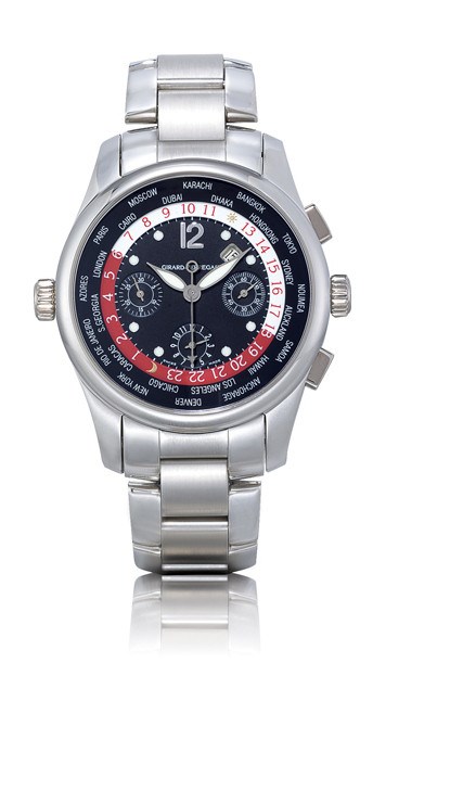 GIRARD-PERREGAUX, "WW.TC"

950 PLATINUM SELF-WINDING WORLD TIME CHRONOGRAPH BRACELET WATCH WITH DATE DISPLAY