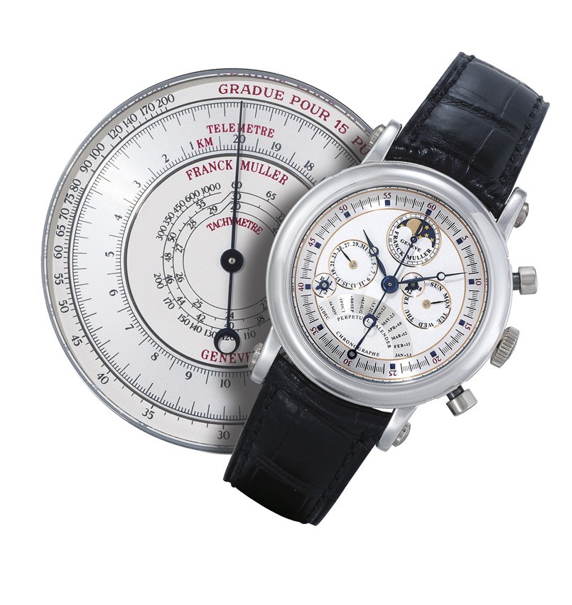 FRANCK MULLER, "PERPETUEL CALENDER CHRONOGRAPHE"

EXTREMELY FINE AND RARE, 950 PLATINUM MANUAL-WINDING PERPETUAL CALENDAR CHRONOGRAPH DOUBLE-DIALLED WRISTWATCH WITH EQUATION OF TIME, RETROGRADE MONTH, MOON-PHASE DISPLAY AND 24-HOUR INDICATION