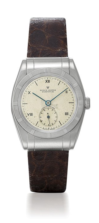ROLEX, "OYSTER PERPETUAL CHRONOMETRE" BUBBLE BACK

STAINLESS STEEL SELF-WINDING TONNEAU-SHAPED WRISTWATCH WITH SMALL SECONDS AND HOOODED LUGS