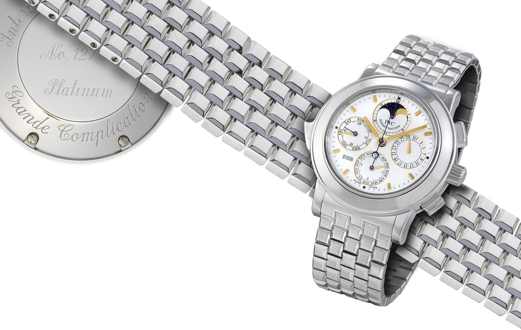 IWC, "GRANDE COMPLICATION"

950 PLATINUM SELF-WINDING PERPETUAL CALENDAR CHRONOGRAPH MINUTE REPEATING BRACELET WRISTWATCH WITH MOON-PHASE DISPLAY, LIMITED PRODUCTION OF 50 PIECES PER YEAR