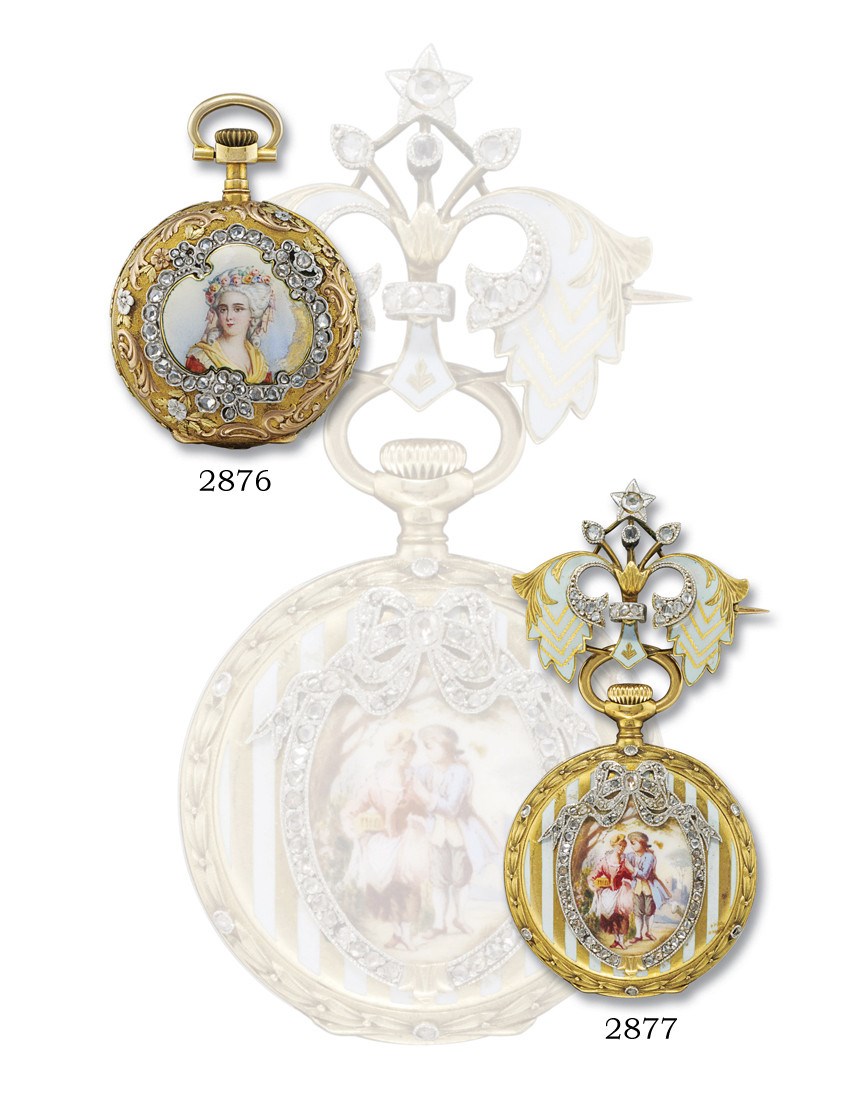 PATEK PHILIPPE

18K GOLD AND ENAMEL OPENFACE KEYLESS LEVER FOB WATCH
