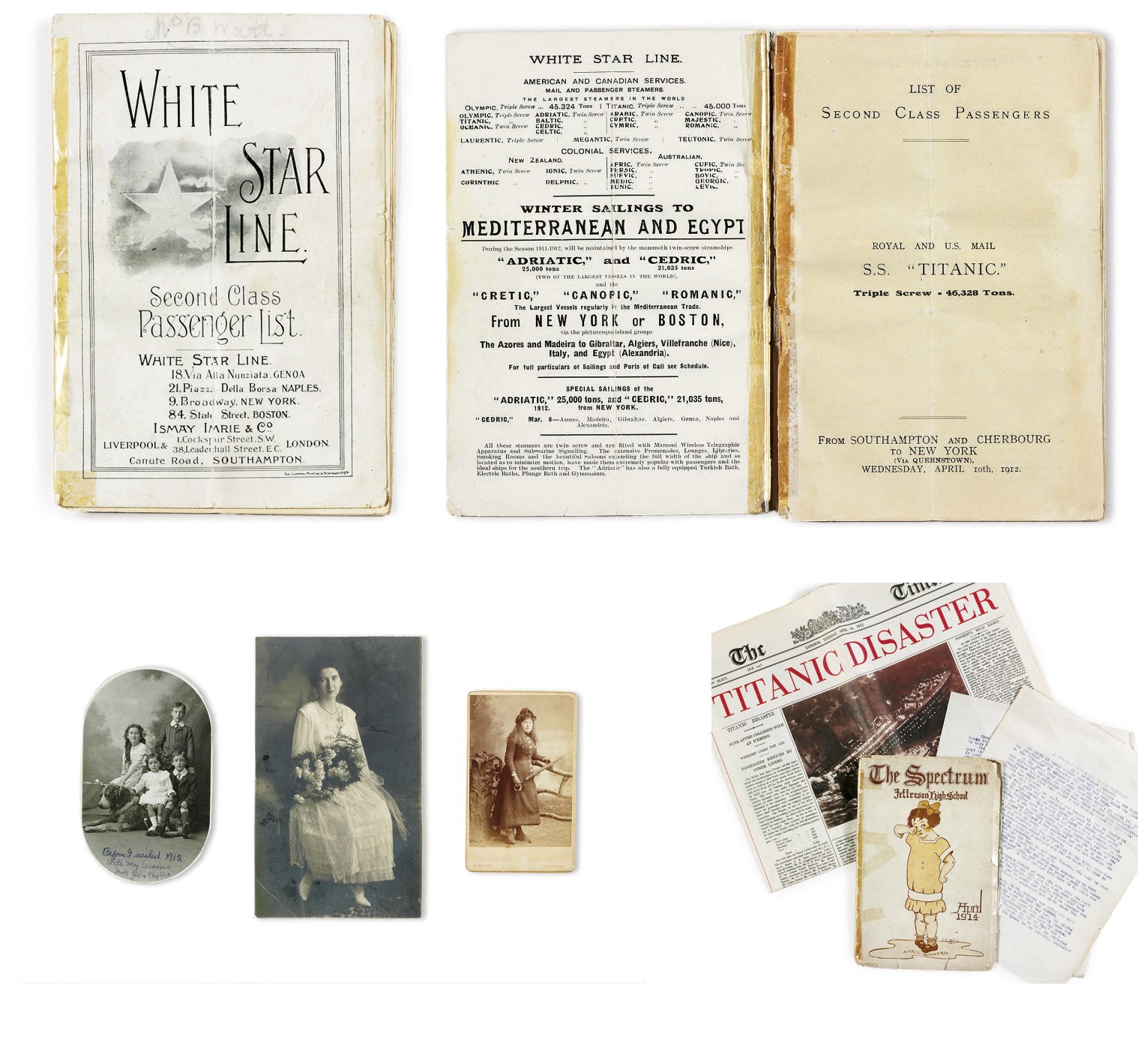A rare list of second class passengers for the R.M.S. Titanic carried off the ship by Miss Bertha Watt and other related material