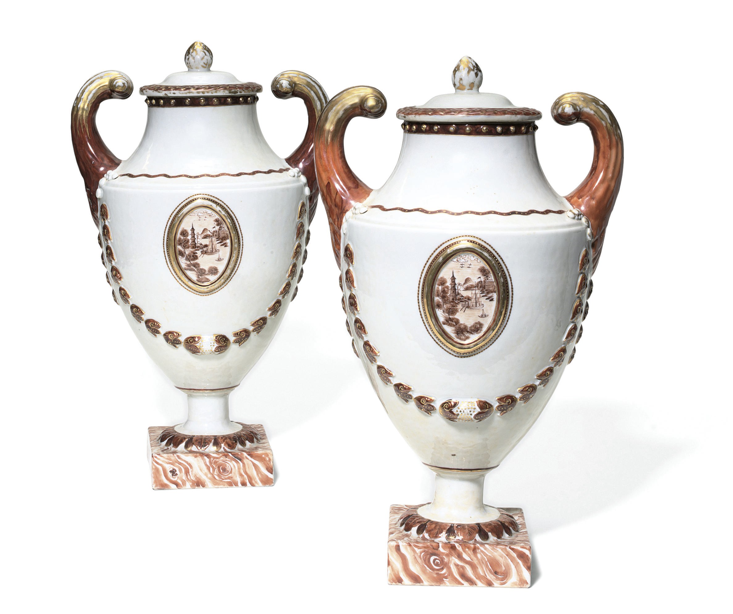 A PAIR OF CHINESE EXPORT TWO-HANDLED URNS AND COVERS