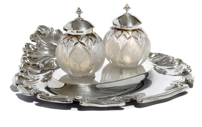 A VICTORIAN SILVER TWO-BOTTLE INK STAND