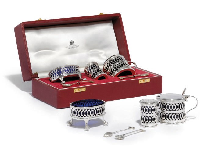 A GROUP OF FOUR 3-PIECE CONDIMENT SETS IN THE GEORGE III STYLE