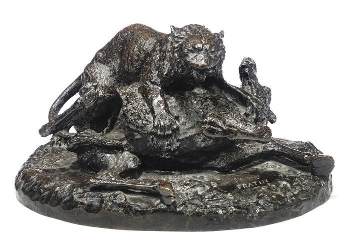 A FRENCH BRONZE GROUP OF A TIGER ATTACKING AN INFANT CAMEL