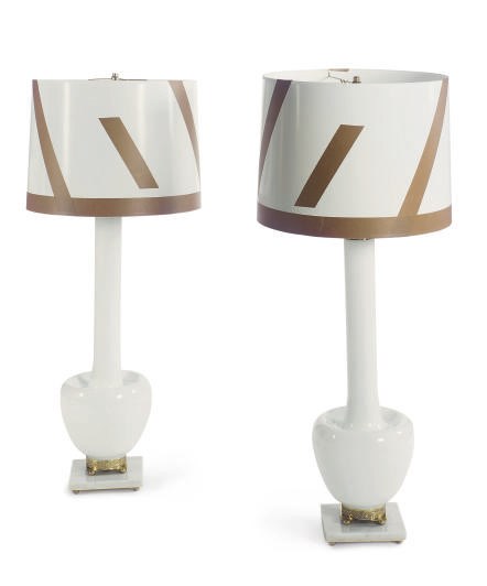 A PAIR OF MILK-WHITE GLASS BALUSTER-FORM TABLE LAMPS,