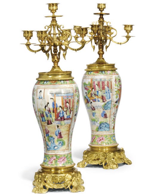 A PAIR OF CANTONESE ORMULU MOUNTED CANDELABRA