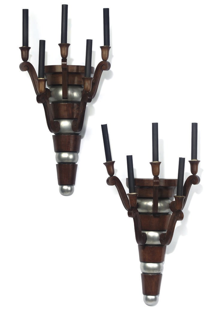 A PAIR OF ART DECO WALNUT AND SILVERED FIVE-LIGHT WALL APPLIQUES