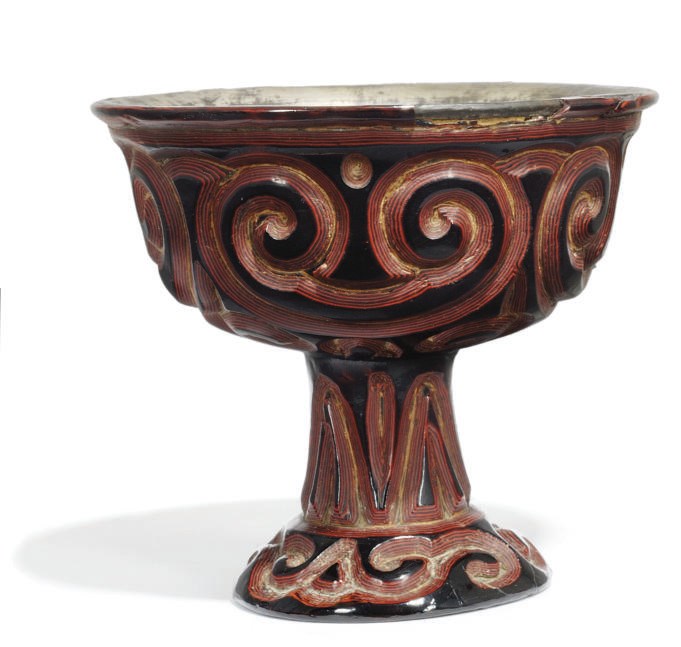 A CHINESE BLACK AND RED TIXI LACQUER STEM CUP