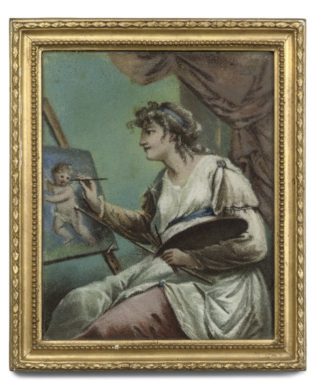 A GEORGE III SAND PICTURE OF A WOMAN REPRESENTING VENUS PAINTING CUPID