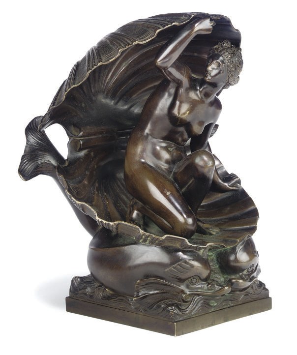 AN ITALIAN BRONZE FIGURE OF VENUS ARISING FROM A SHELL