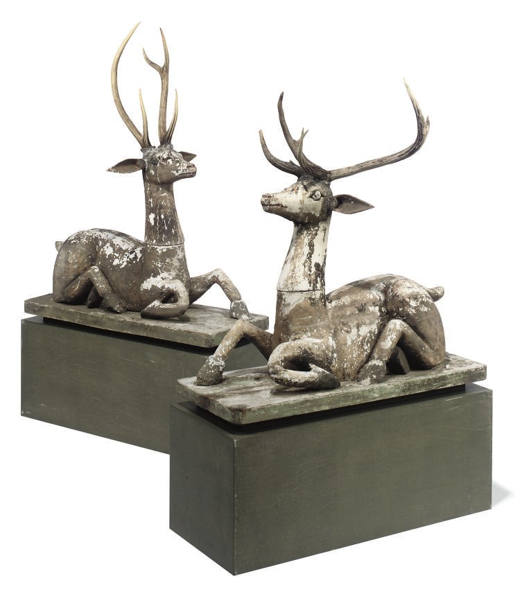 A PAIR OF BURMESE CARVED WOOD DEER
