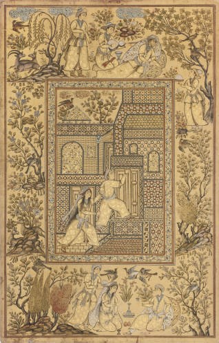 YUSUF AND ZULHAYKA ENTERING A BUILDING, ATTRIBUTED TO IMAMI, IRAN, LATE 19TH CENTURY