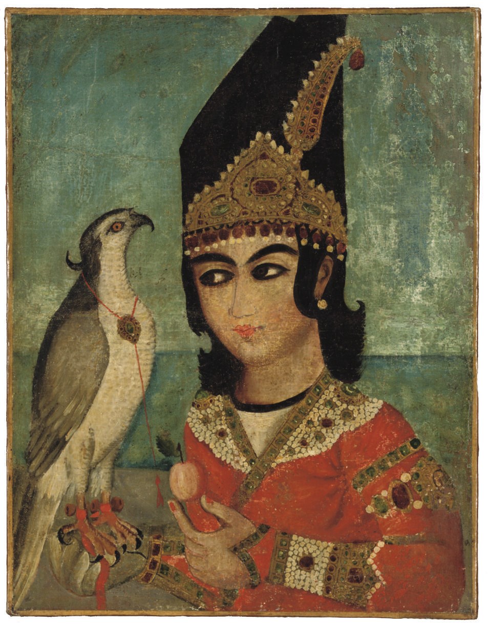 A QAJAR PORTRAIT OF A PRINCE AND HIS HAWK, IRAN, SIGNED, MID-19TH CENTURY