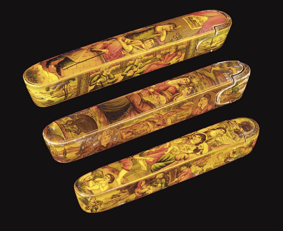 THREE QAJAR LACQUER PAPIER MACHE QALAMDANS, IRAN, 19TH CENTURY