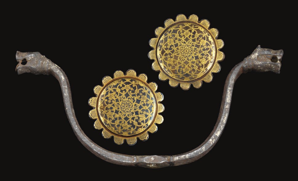 A PAIR OF GILT BOSSES AND IRON HORSE BIT, IRAN, 16TH-18TH CENTURY