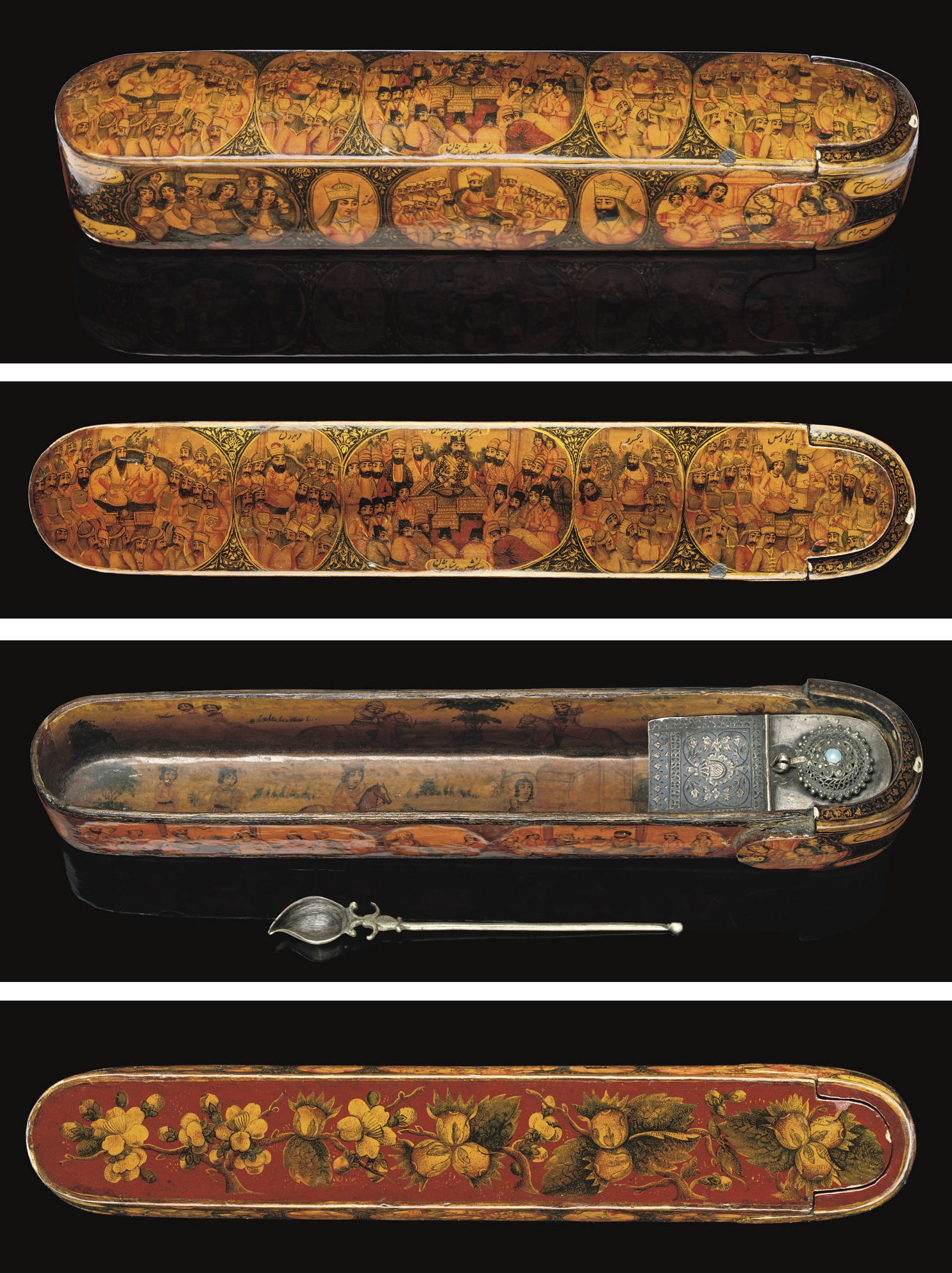 A SIGNED AND DATED QAJAR POLYCHROME LACQUER QALAMDAN IN THE STYLE OF MUHAMMAD ISMAIL, IRAN, LATE 19TH CENTURY