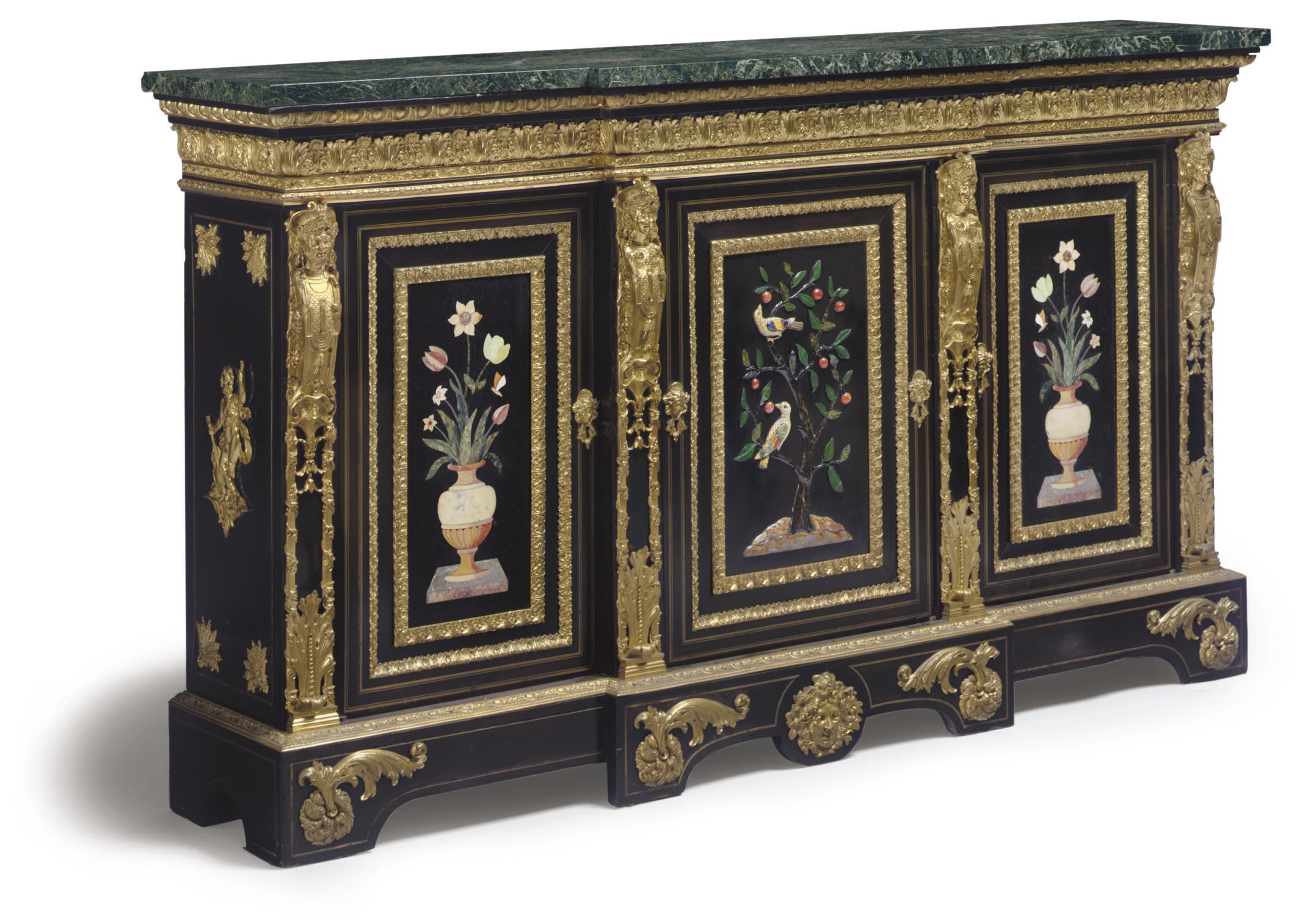 A CONTINENTAL ORMOLU- AND HARDSTONE-MOUNTED EBONISED SIDE-CABINET