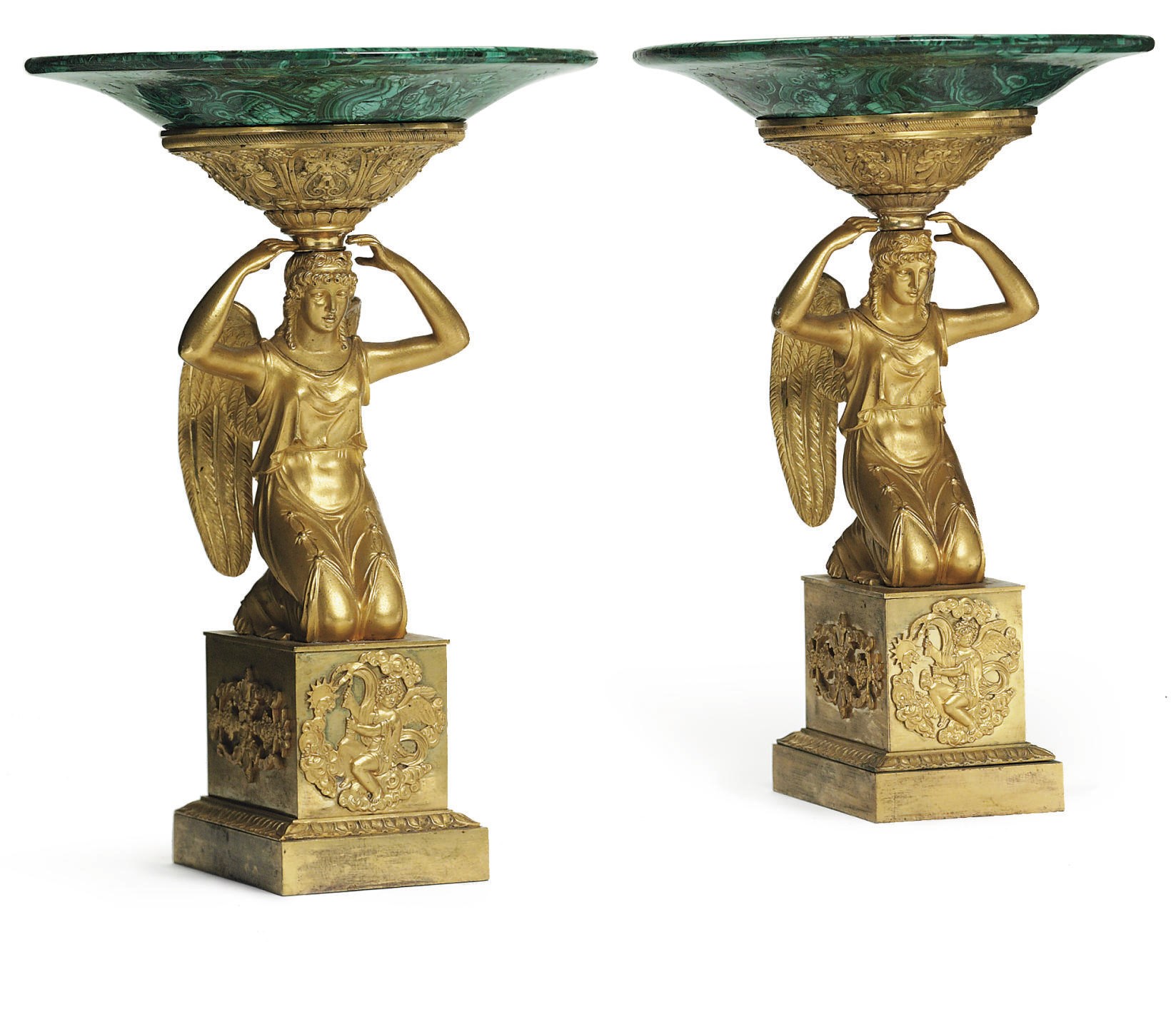 A PAIR OF FRENCH ORMOLU AND MALACHITE FIGURAL TAZZE