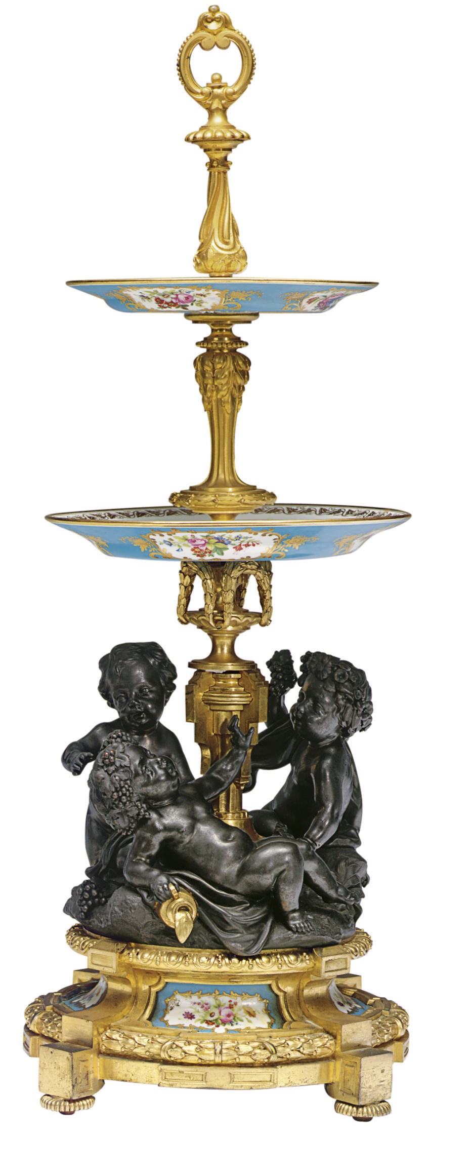 A FRENCH ORMOLU, PATINATED BRONZE AND SEVRES STYLE PORCELAIN DESSERT-STAND