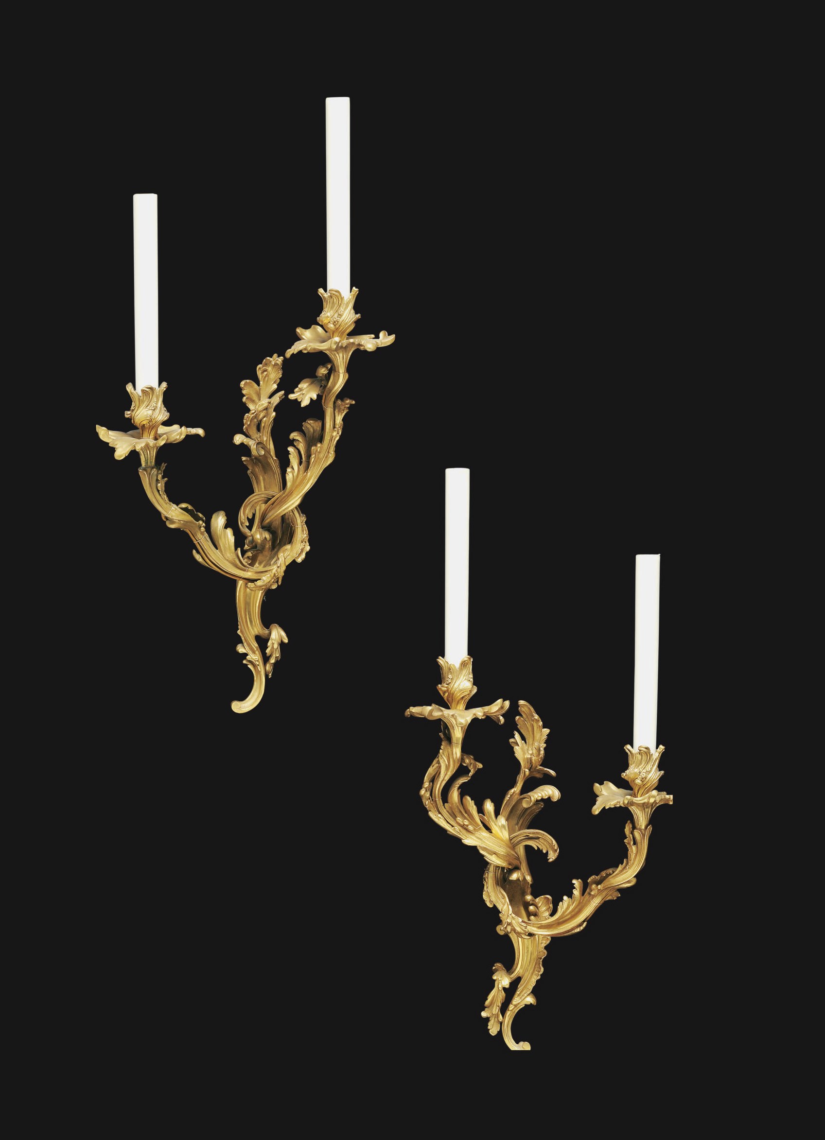 A PAIR OF FRENCH ORMOLU TWIN-LIGHT WALL APPLIQUES