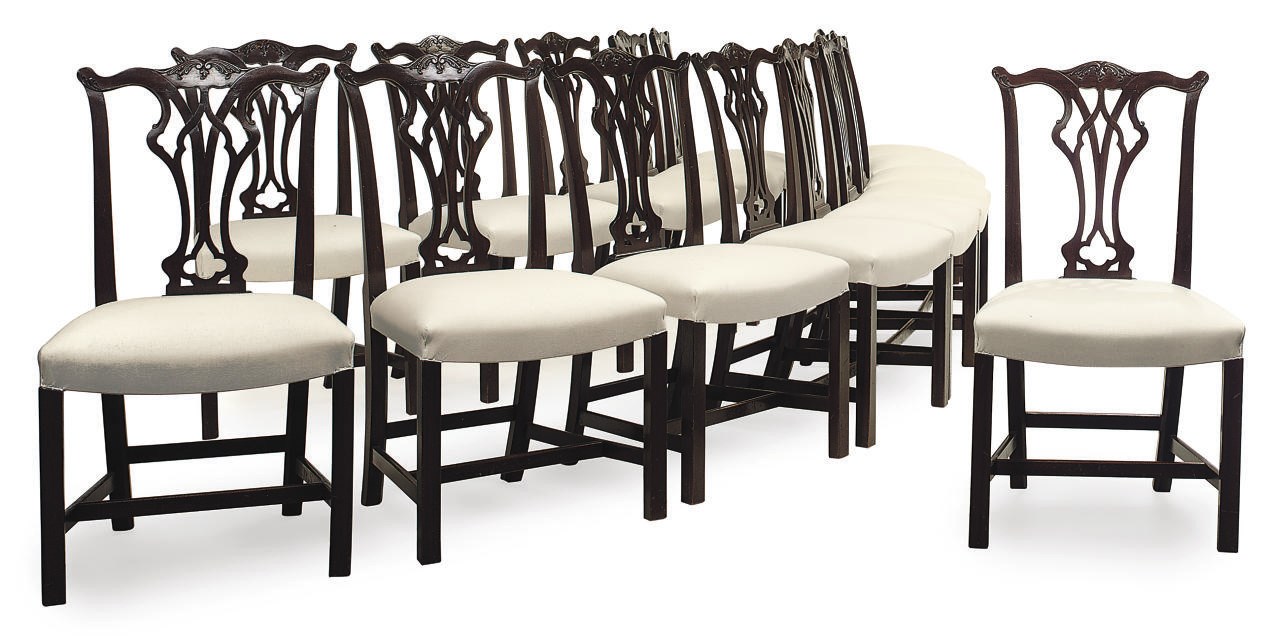 A SET OF FIFTEEN ENGLISH MAHOGANY DINING CHAIRS