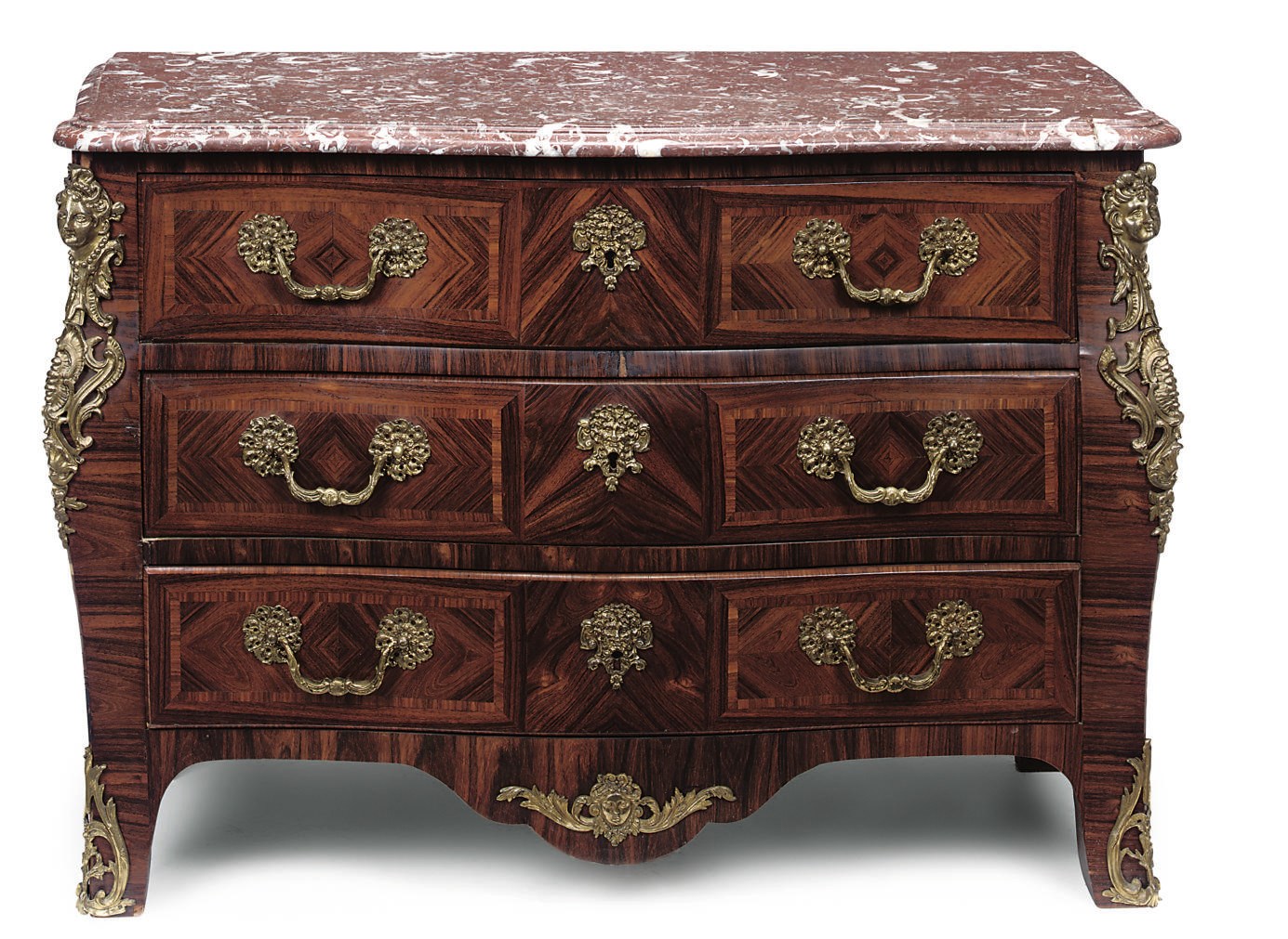 A FRENCH GILT METAL MOUNTED KINGWOOD SERPENTINE COMMODE