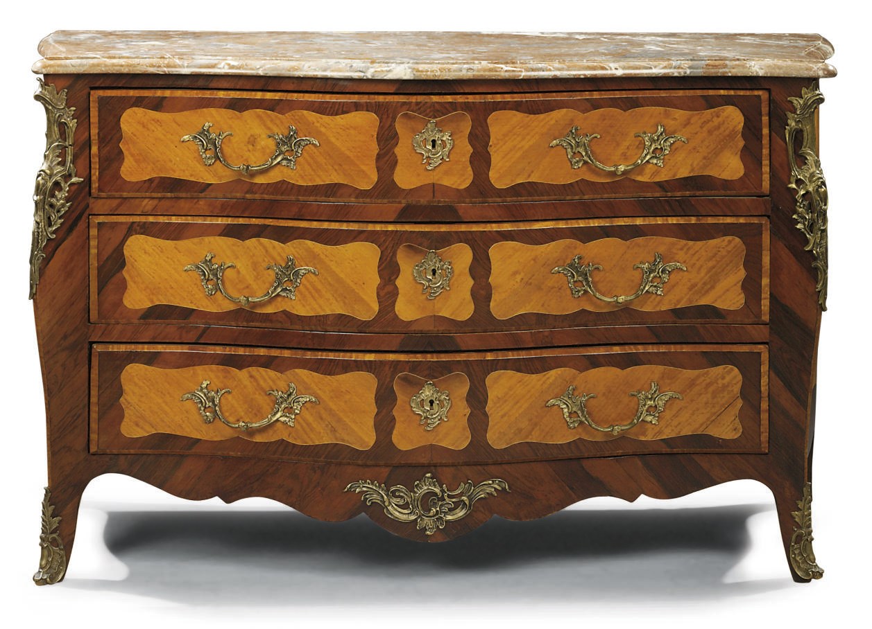 A FRENCH ORMOLU-MOUNTED KINGWOOD AND SATINWOOD COMMODE