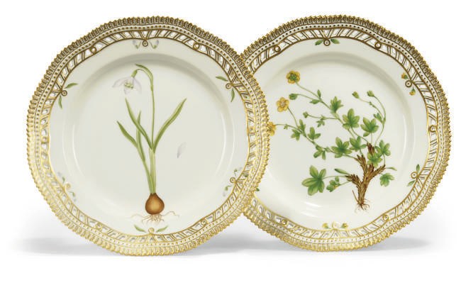 TWO ROYAL COPENHAGEN 'FLORA DANICA' RETICULATED PLATES