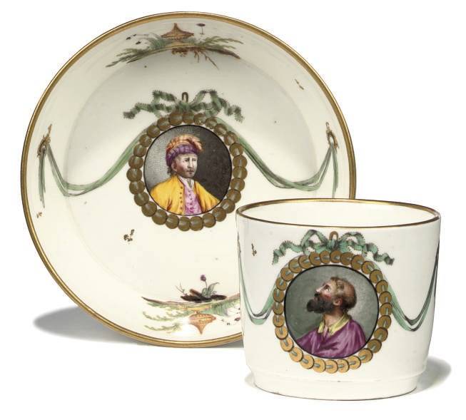 A HÖCHST COFFEE-CUP AND SAUCER AND A FRANKENTHAL COFFEE-CUP AND SAUCER