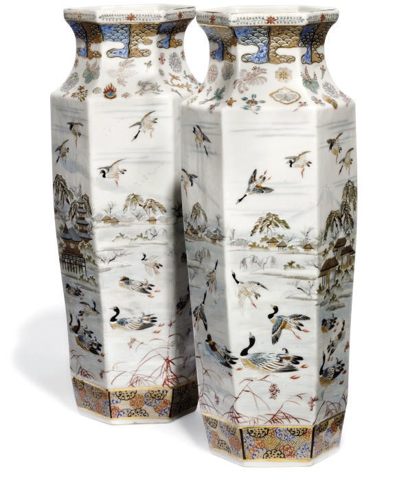 A PAIR OF JAPANESE KUTANI STYLE HEXAGONAL VASES