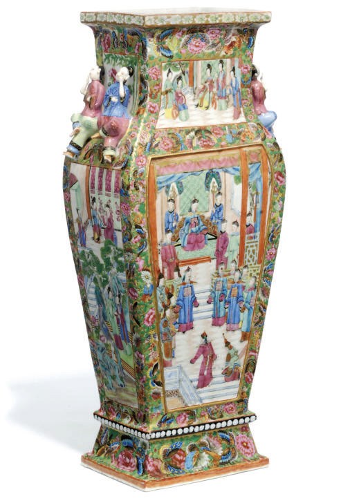 A CANTONESE SQUARE SECTIONED BALUSTER VASE