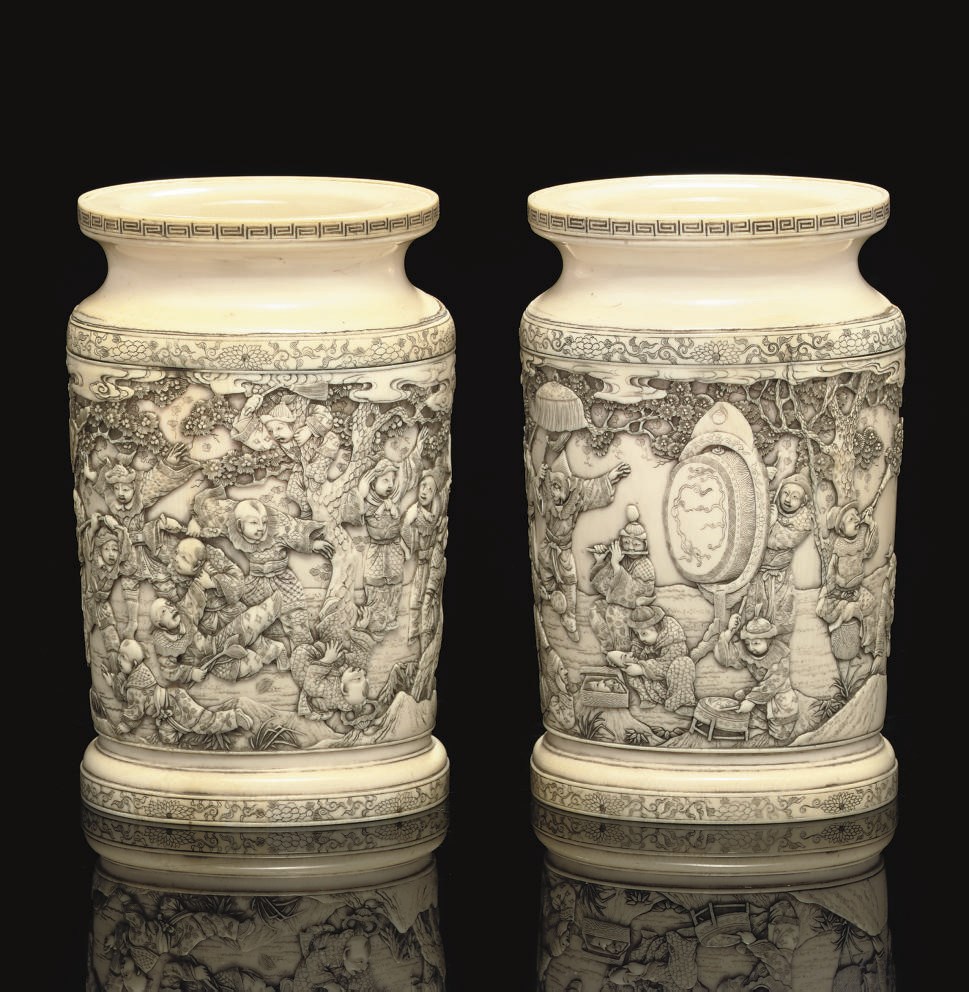 A Pair of Carved Ivory Vases, Meiji Period (1868-1912)