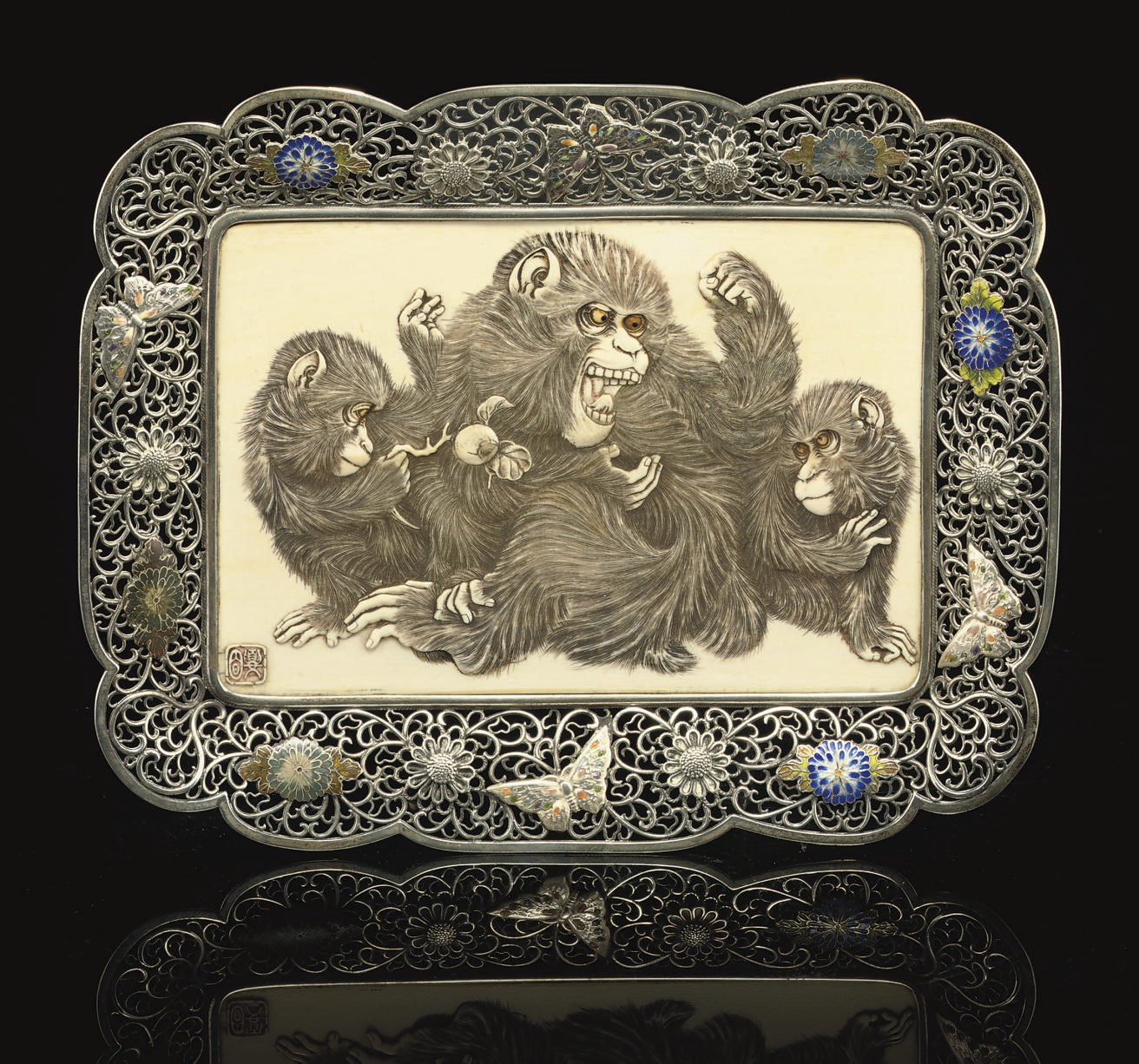 A Silver Filigree and Ivory Tray, Meiji Period (1868-1912)