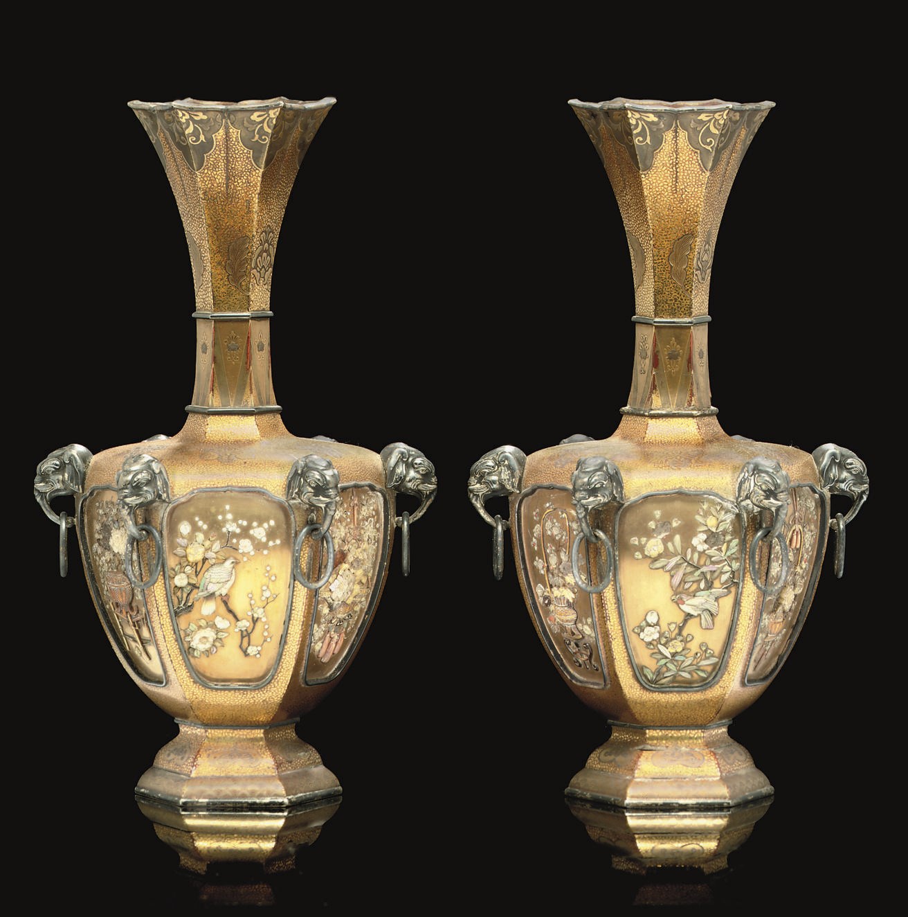 A Pair of Shibayama decorated lacquer vases, Signed Masashita, Meiji Period (1868-1912)