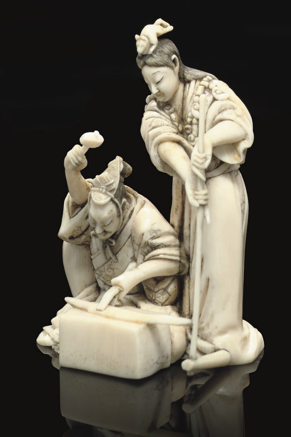 An Ivory Okimono of Inari Sama, signed, Meiji Period (1868-1912)