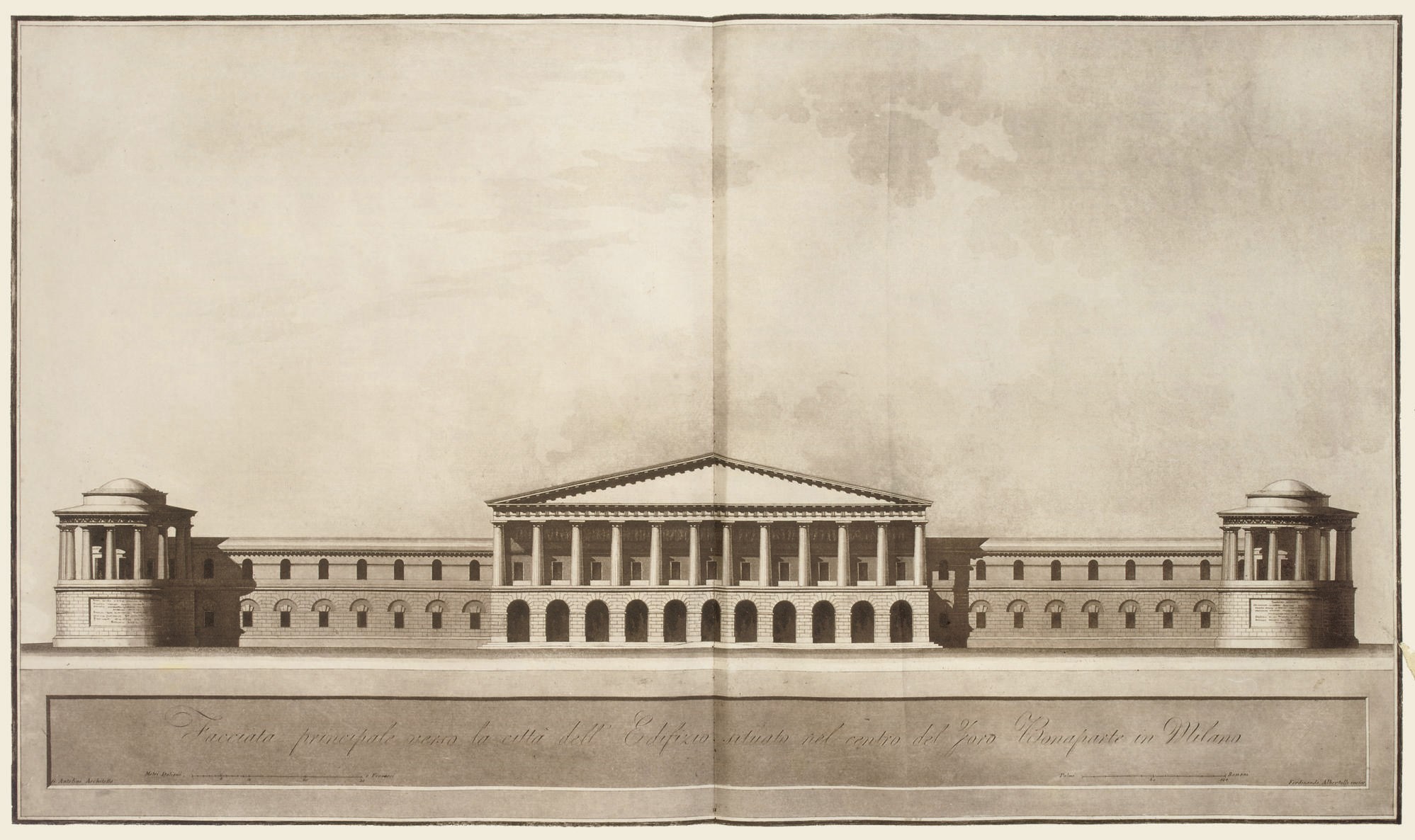 ANTOLINI, Giovanni (1754-1841). Descrizione del Foro Bonaparte. Parma: Bodoni, 1806. 2° (612 x 440mm). Small engraved title-vignette, 10 double-page engraved plans and 14 double-page aquatint plates in bistre (margin of one plate repaired, lower margin of title very lightly waterstained, occasional light spotting). Contemporary half calf, gilt spine (head and foot of spine and 2 corners worn).