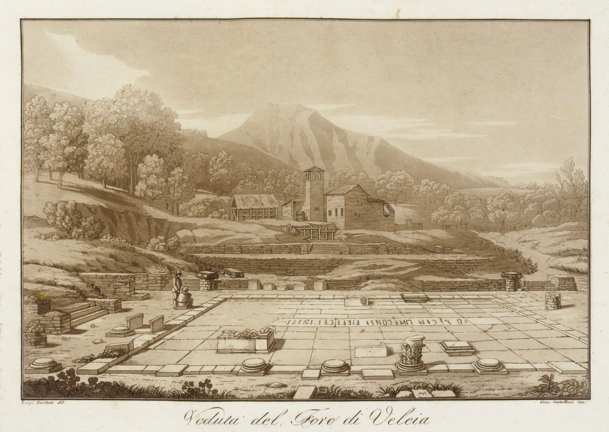 ANTOLINI, Giovanni (1754-1841). Le rovine di Veleia. Milan: Classici Italiani, 1819-22. 2 parts in one volume, 2° (452 x 321mm). 19 engraved plates and plans, the first aquatint, the last very large and folding (occasional minor foxing). Contemporary calf-backed marbled boards, flat spine gilt (minor abrasion on upper cover).