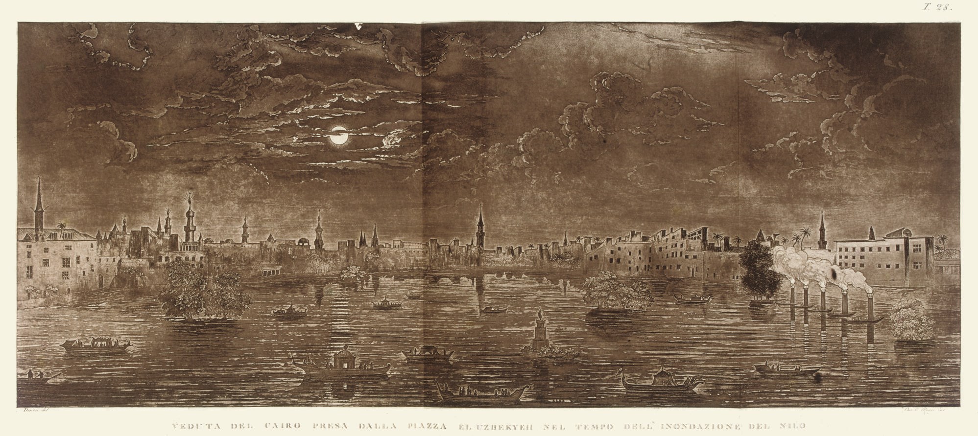 DENON, Dominique Vivant, baron (1747-1825). Viaggio nel Basso ed Alto Egitto. Florence: Giuseppe Tofani, 1808. 2 volumes (text and plates), 2° (540 x 378mm). 2 folding engraved maps and 149 plates, mostly aquatint, a few folding (discolouration to a greater or lesser extent in the text vol.). Contemporary half russia, gilt and blindstamped spines.
