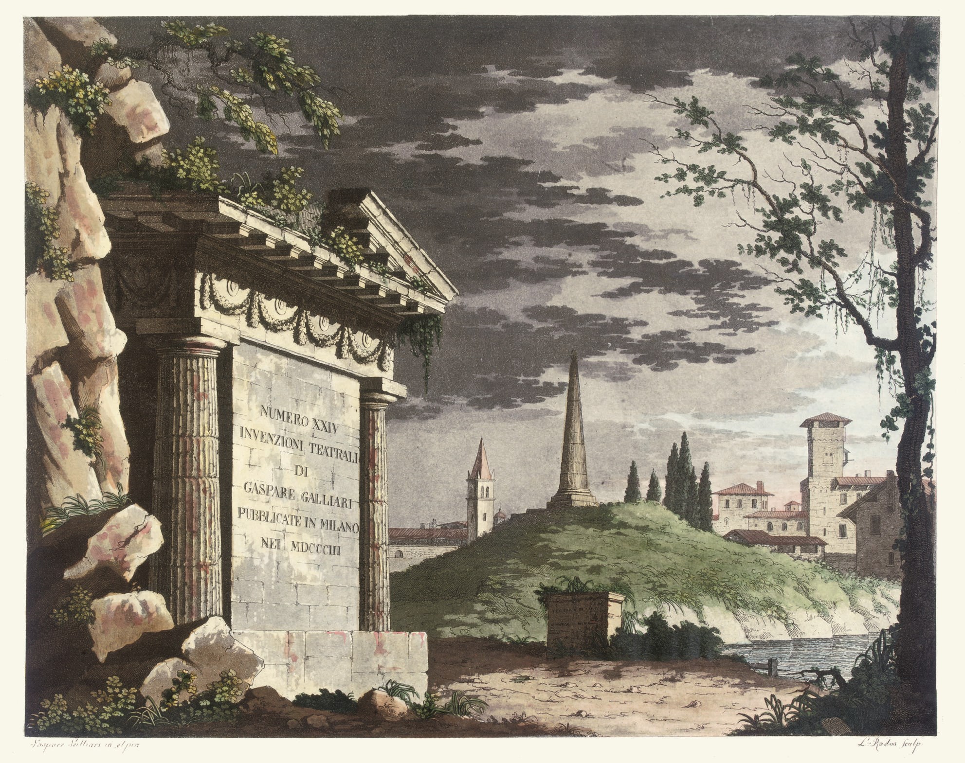 GALLIARI, Gaspare. Numero XXIV invenzioni teatrali. Milan: [no publisher], 1803. Oblong 2° (425 x 587mm). Hand-coloured aquatint title and 13 (of 24) aquatint plates, hand-coloured plate as frontispiece (which does not belong), 27 smaller (2 to a page) aquatint and engraved plates, 5 unnumbered plates and and 16 (of 18?) theatrical plates published by the brothers Bettalli (a little very light foxing). Contemporary calf-backed marbled boards, flat spine gilt (a little rubbed). FIRST EDITIUON. Sold as a collection of plates, not subject to return.